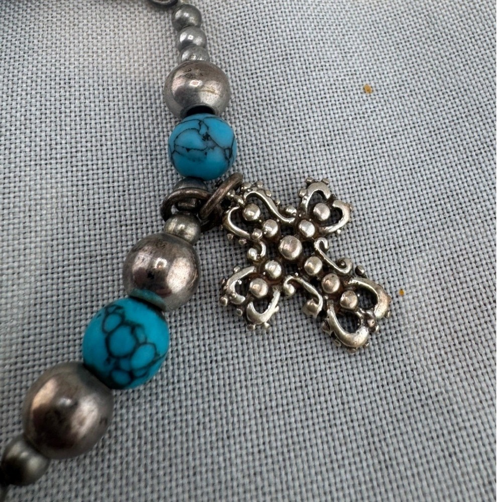 Sterling Silver Cross Charm Bracelet Blue Bead Southwest Ornate Boho READ 7.0